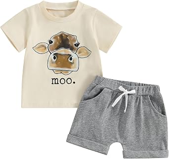 FIOMVA Toddler Baby Boy Farm Outfit 3 6 9 12 18 24Months 2t 3t Short Sleeve Top Tees Shirt+Short Set Summer Clothes