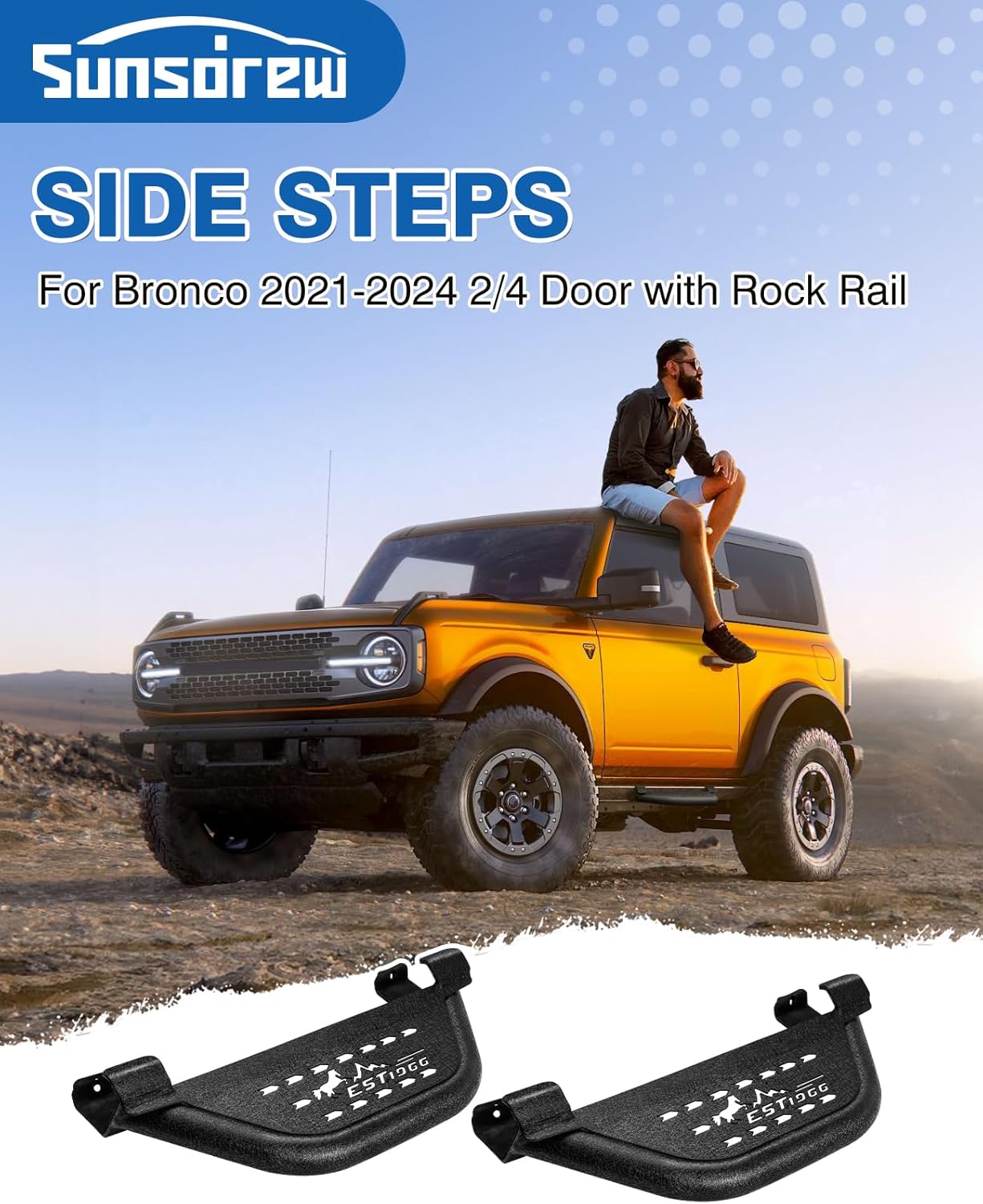 Sunsdrew Side Steps for Ford Bronco 2021-2025 2026 2/4Door with Rock Rail,2PCS Carbon Steel Black Running Boards Side Steps Heavy Duty Front Rear Door Steps for Bronco Accessories