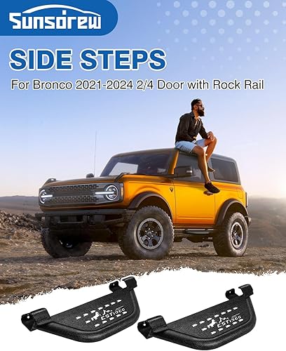Miniatura 5 de Estribos laterales para Ford Bronco 2021-2025 2026 24 puertas con riel de roca, 2 estribos negros de acero al carbono, escalones laterales