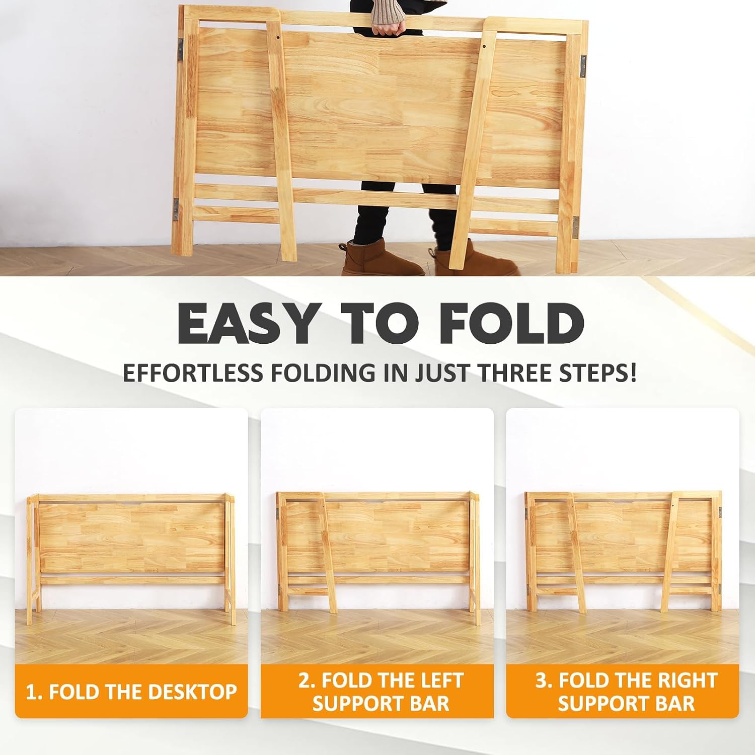 Easy Assembly Folding Desk 31in, Solid Wood Space Saving Desk | 31.5x15.7in Rubberwood, 0.6in; Folds to 30.5x33.5x1.96in; Mortise and Tenon; Rounded Corners; Natural; 15-Min Assembly