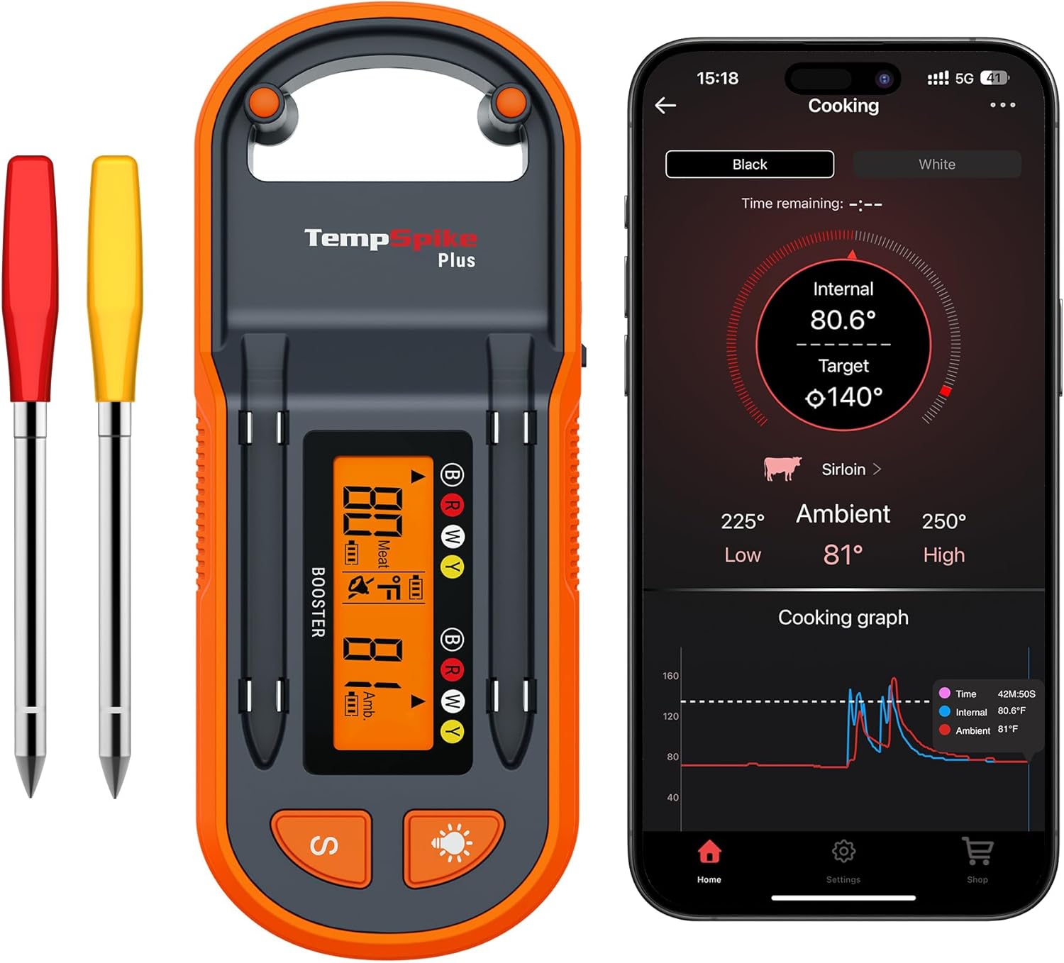 ThermoPro TempSpike Plus 600ft Wireless Meat Thermometer with 2 Color-Coded Probes, Bluetooth Meat Thermometer Wireless with LCD-Enhanced Booster for Food Cooking Grill Smoker