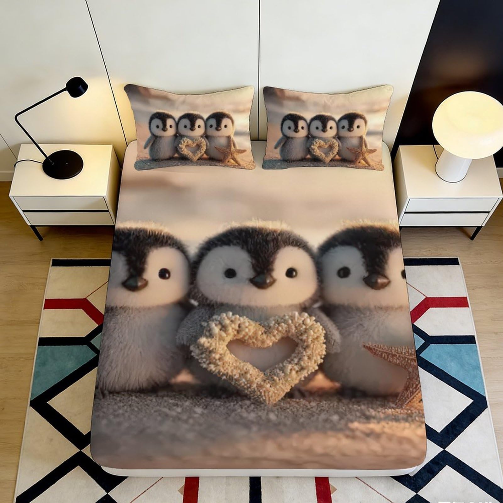 Uynsixtme Style-8 3D Printed Cute Penguin Fitted Sheet Microfiber Deep Pocket Non-Slip Bedding Full Wrap Penguin Mattress Fitted Cover 200X200x25cm