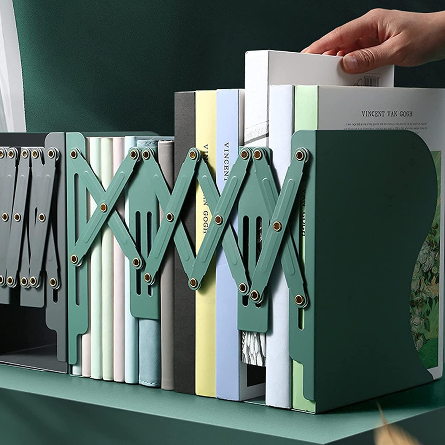 Book Ends,Expandable Bookend Desktop Metal End | Stand Holder,Suitable For Kid Children Student Stroage, Office Home Decoration Holder (Green)