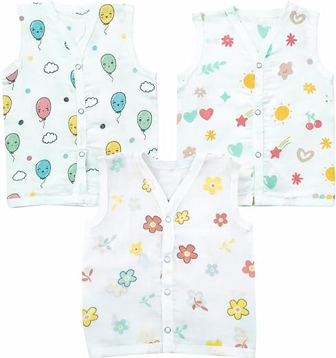 Yobrina Muslin Baby Jabla Button 3 Pack | Bamboo Cotton Soft Breathable Sleeveless Vest for Boys &amp; Girls | Front Open Easy...