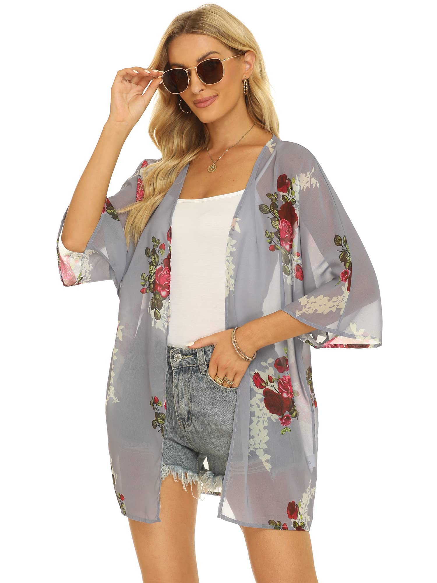 Chunoy Damska bluzka na co dzień z krótkim rękawem szyfonowe kimono szal bluzka top, Pasek - zielony, Medium