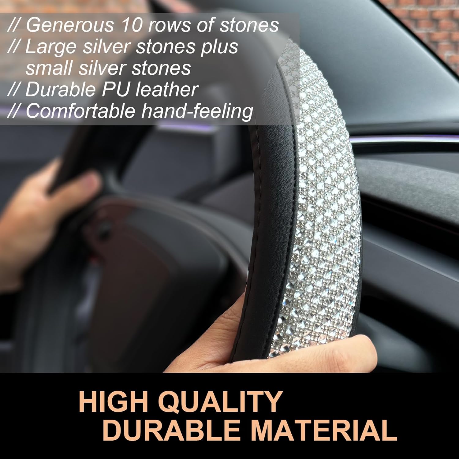 PINCTROT Bling Comfy Steering Wheel Cover for Tesla Model Y/3 Highland/Juniper, D Shaped 14 Inch Small Sized with Jumbo Crystal Rhinestones, Flat Bottom with Anti-Slip Diamond Leather (Silver)