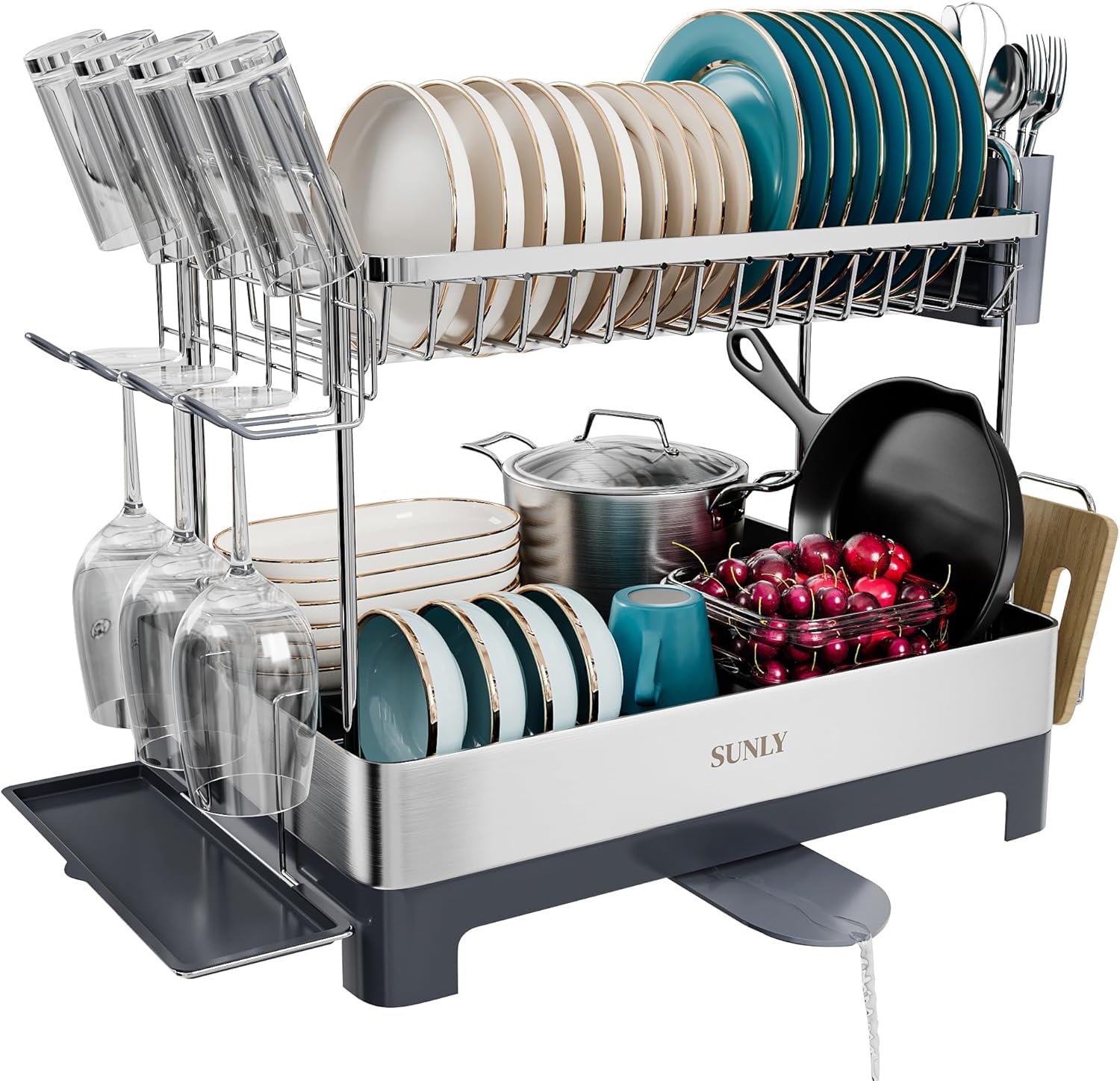 SUNLY 2 Tier Dish Drying Rack, Extra Large Dish Rack, Multifunctional Large Dish Drainers for Kitchen Counter, 304 Stainless Steel Kitchen Drying Rack, Extendable Drain Spout, Gray