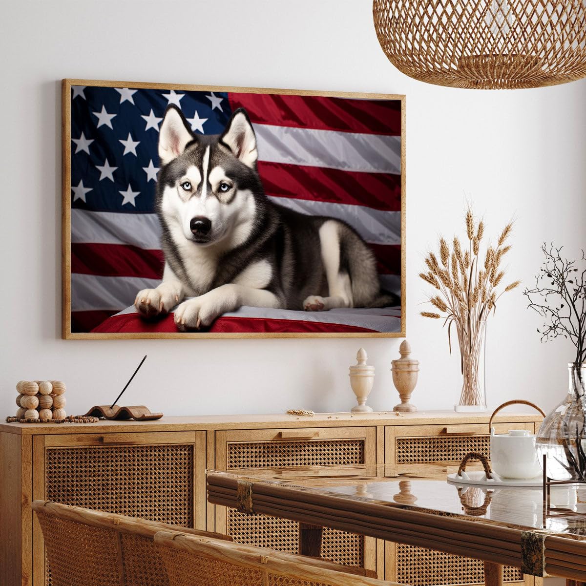 Póster «Mamá Husky Con Bandera Estadounidense Y Husky Siberiano Sentado