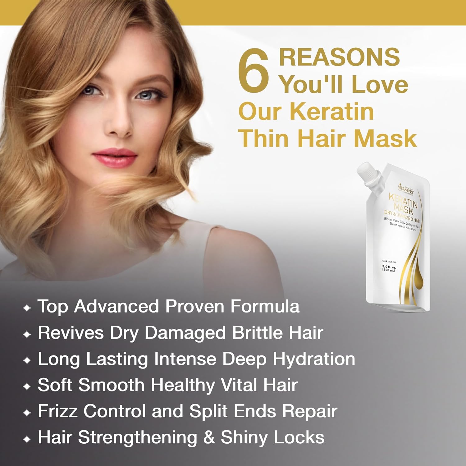 VITAMINS hair cosmetics Keratin Thin Hair Leave-In Conditioner & Hair Mask Travel Kit - Hydrating No Rinse Cream & Deep Conditioning Hair Mask for Thin Fine Hair - Pro Salon Care for Dry Damaged Hair
