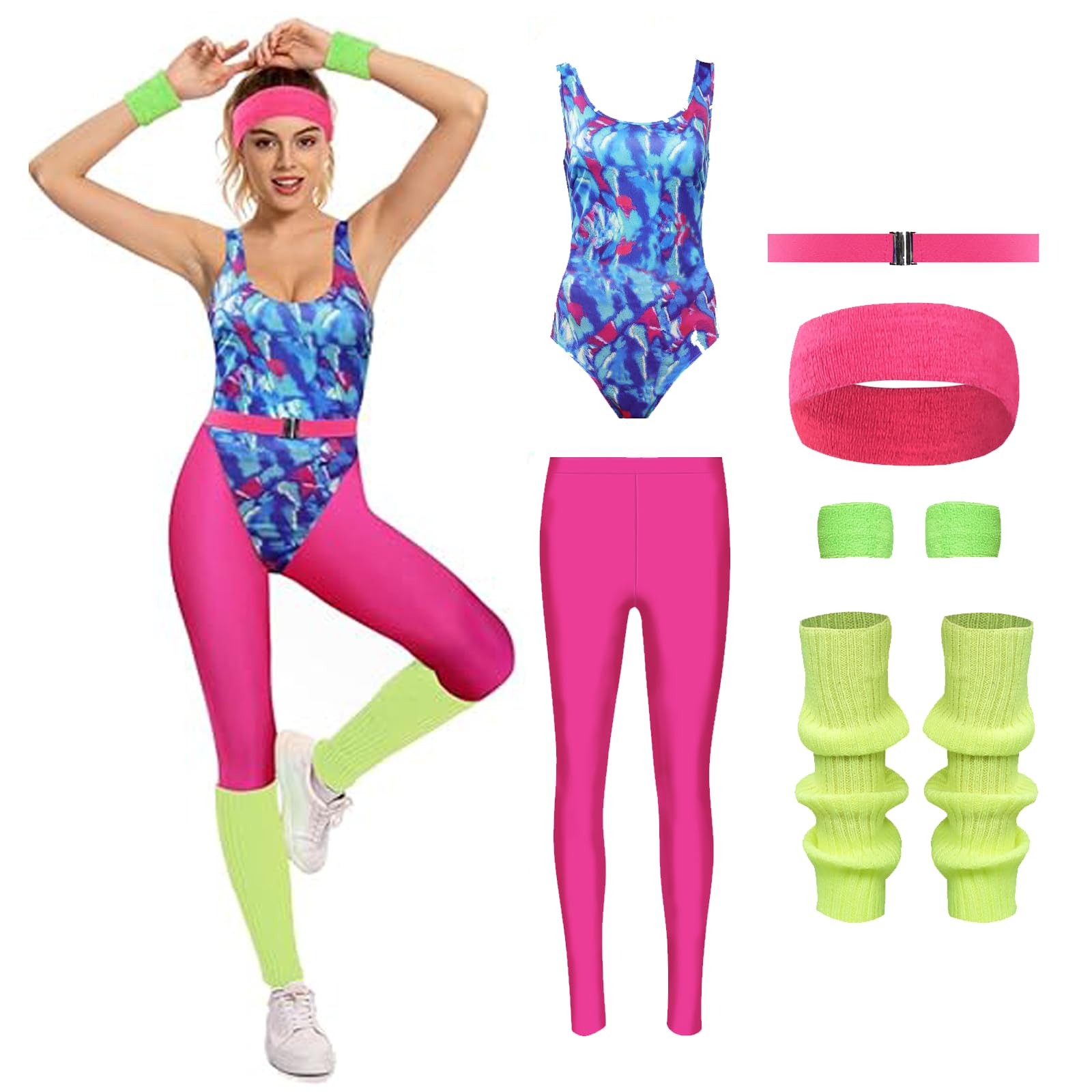 Costume de fitness des années 80 pour femme - Survêtement rétro - Combinaison de yoga - Avec accessoires - Costume de fête
