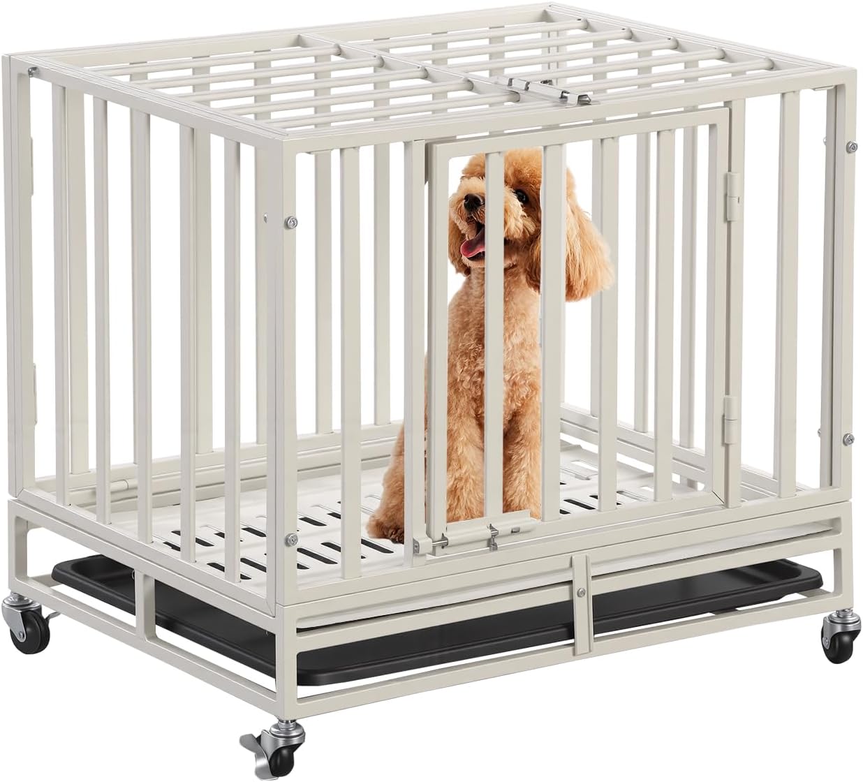 24 Inch Heavy Duty Dog Crate Cage Escape Proof Steel Kennel for High Anxiety Dogs with Sturdy Locks and Removable Tray, Small Dog Crate, White