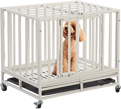 24 Inch Heavy Duty Dog Crate Cage Escape Proof Steel Kennel for High Anxiety Dogs with Sturdy Locks and Removable Tray, Small Dog Crate, White