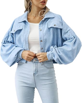 Womens Loose Lantern Sleeve Button Down Ribbed Crop Corduroy Shacket Jacket