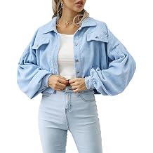Womens Loose Lantern Sleeve Button Down Ribbed Crop Corduroy Shacket Jacket