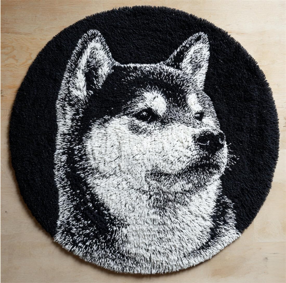 Rqwybcaxn DIY Latch Hook Rug Kit for Beginners Animal Crochet Starter Kit Shiba Inu Portrait 60x60cm Round Washable Area Rug Bedroom Wall Hanging
