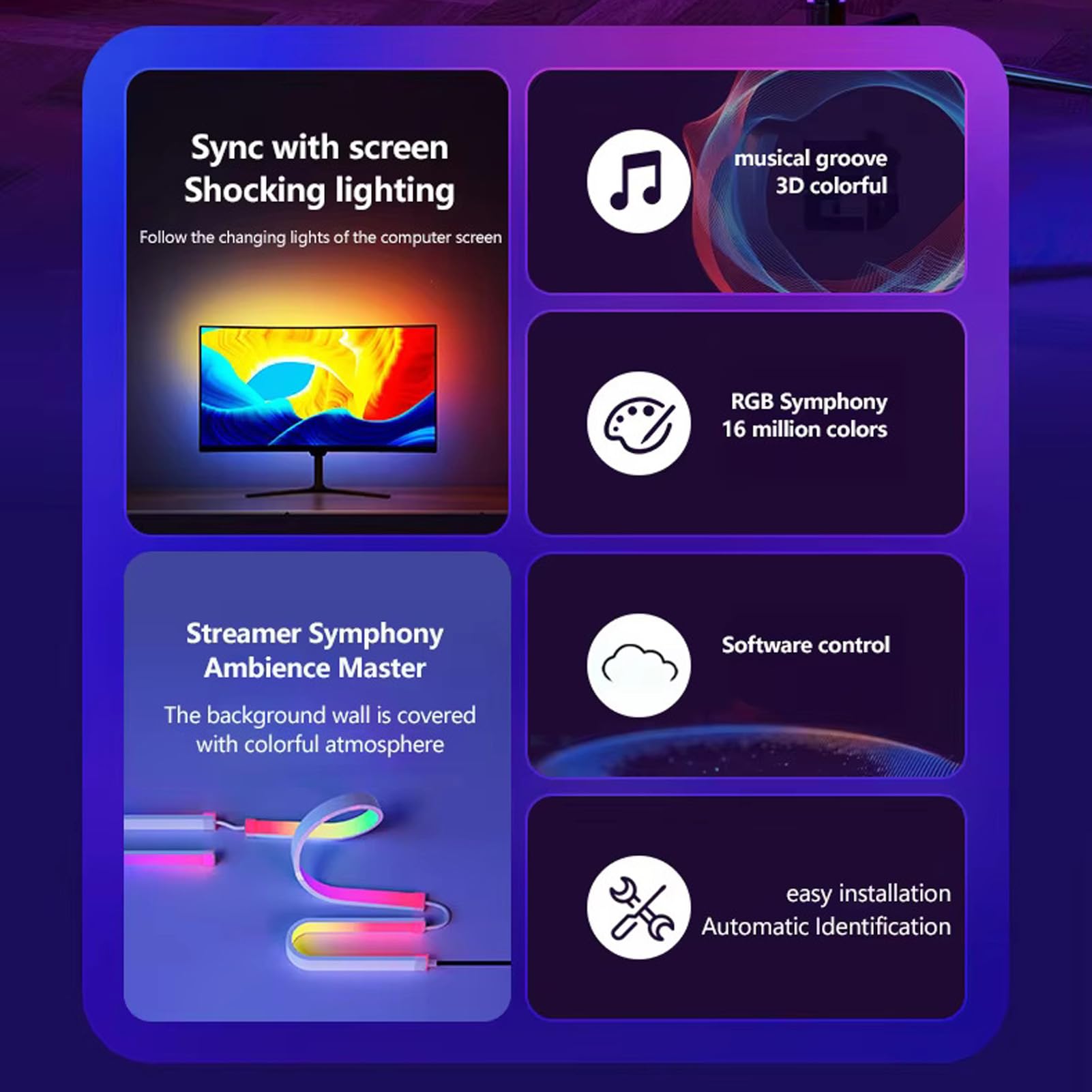 Rosvola Striscia LED per Schermo Computer RGB, Retroilluminazione Sincronizzata Tramite USB per Display Desktop da 49 Pollici con Riconoscimento Colore in Tempo Reale, Sincronizzazione Musicale e 16