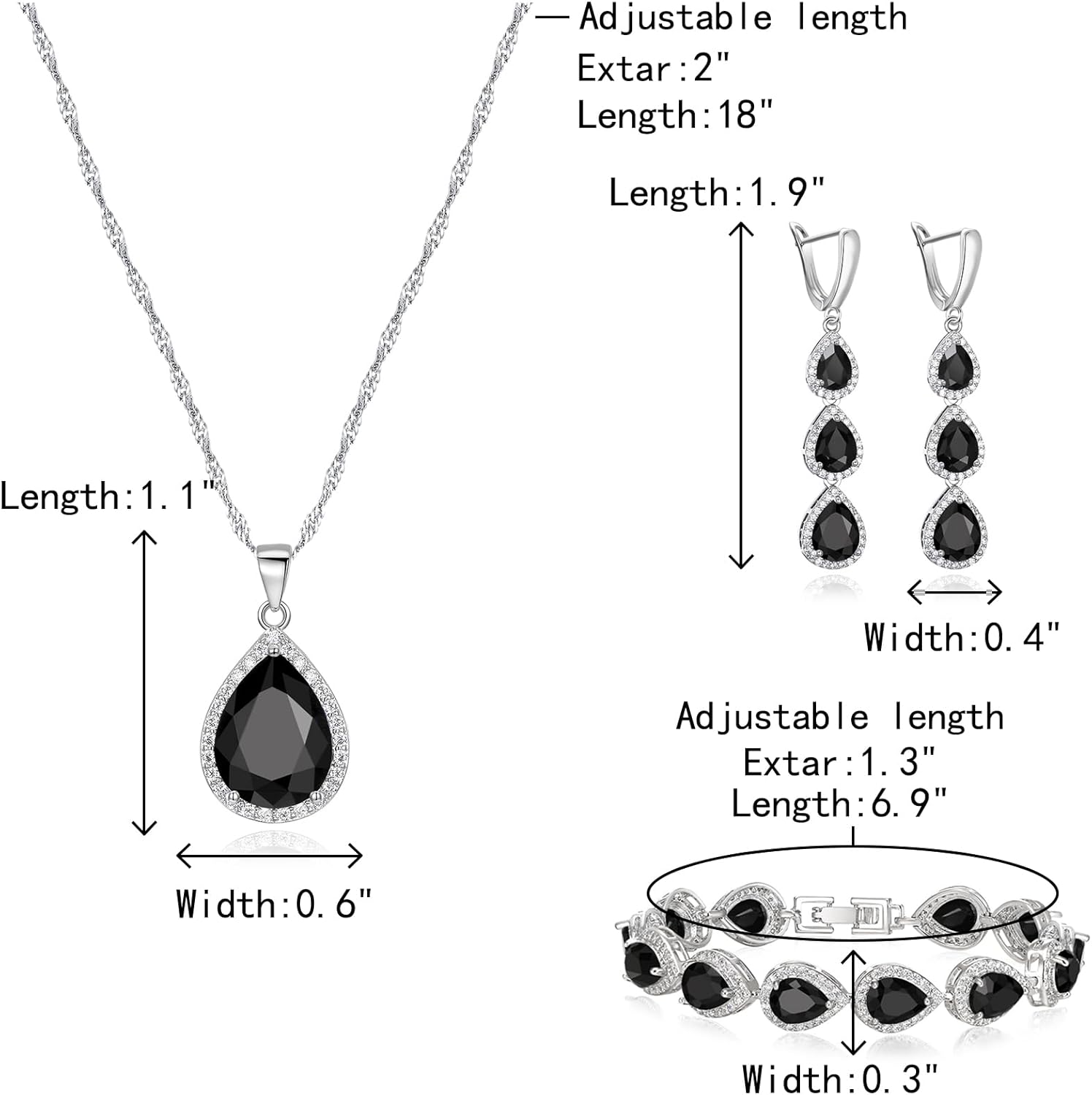 Crysdue Cubic Zirconia Teardrop Pendant Necklace Long Earrings Tennis Bracelet Set, Sparkle Classic Prom Wedding Jewelry Set for Women Brides Bridesmaid