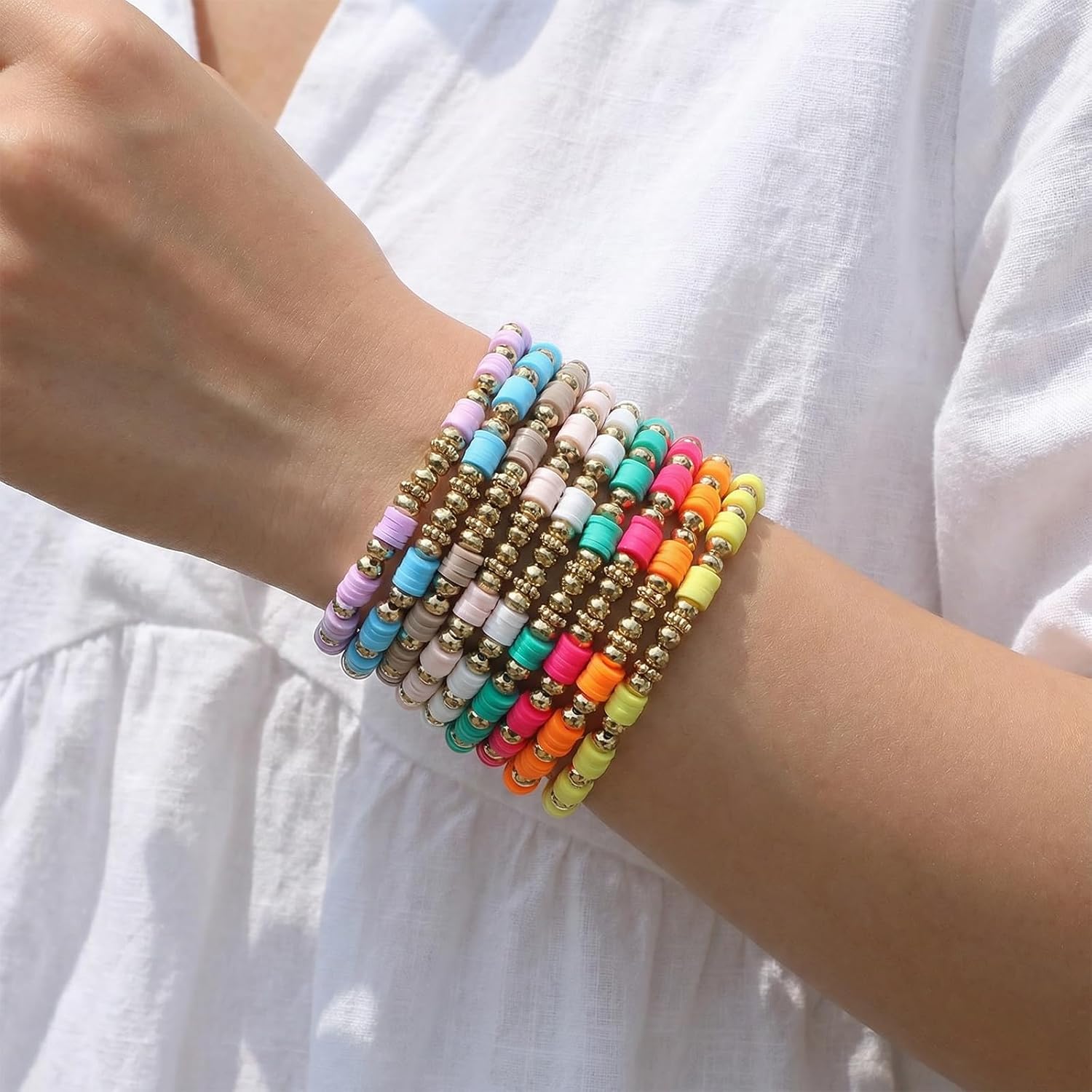 9Pcs Beaded Friendship Bracelets, Bulk Colorful Stretch Bracelets Surfer Clay Bead Bracelet for Women Party Favors - Image 3
