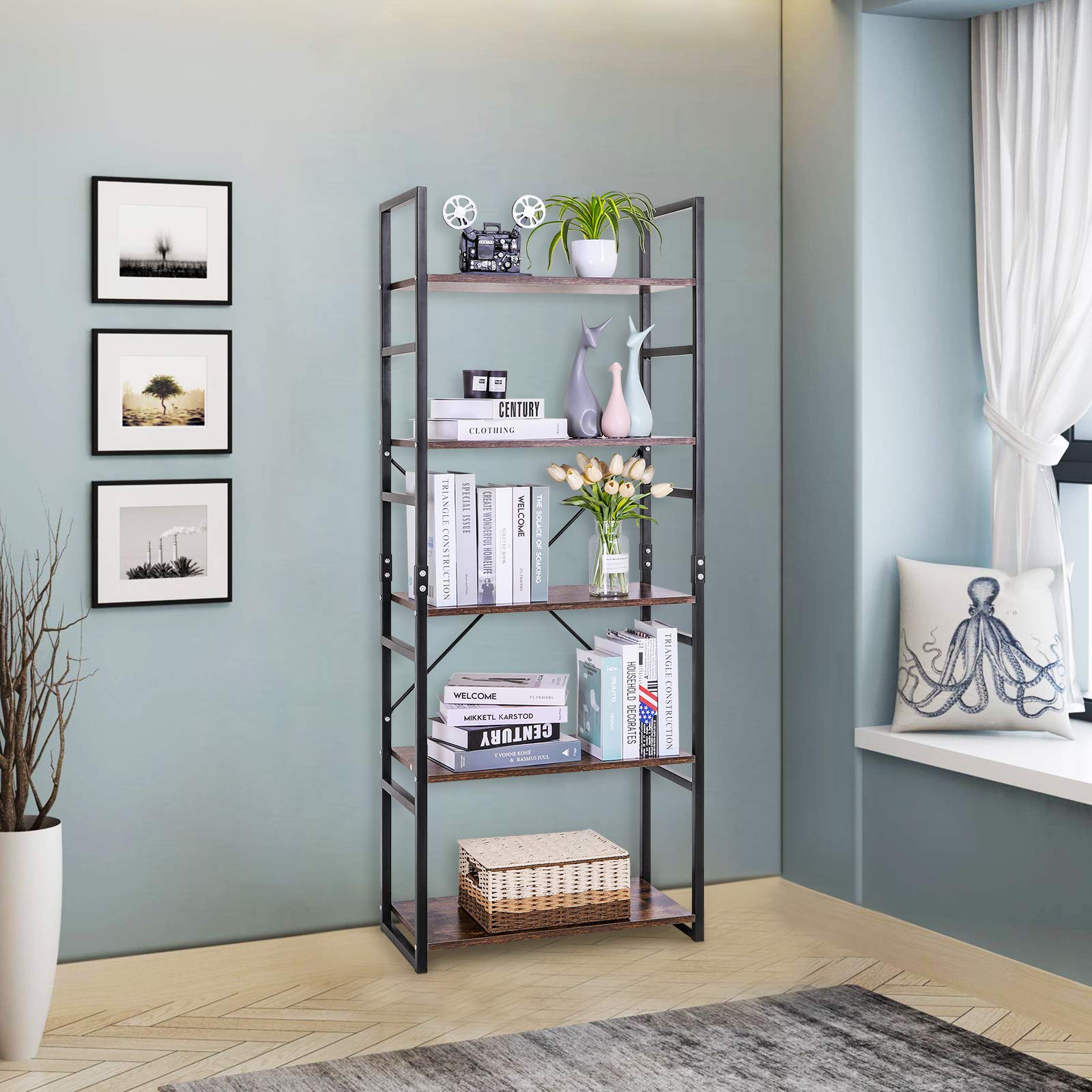 LLIVEKIT Bookshelf, Ladder Shelf, Wooden Shelf Unit, 5Tier Living Room Bookcase, Metal Frame