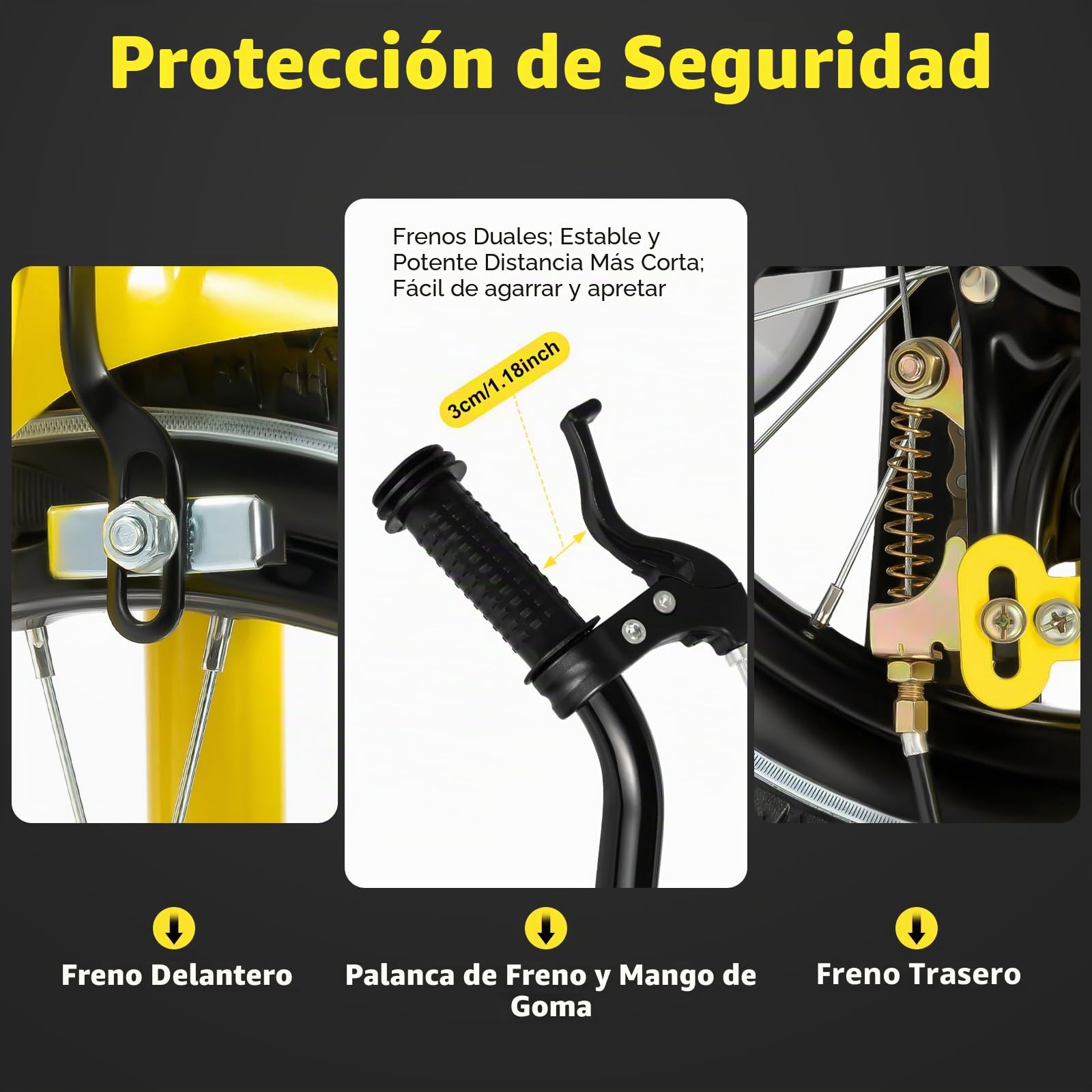 Bicicleta infantil de 14 pulgadas, para niños y niñas de 3 a 6 años, altura regulable, bicicleta para niños con ruedas estabilizadoras y sistema de frenado dual (amarillo)