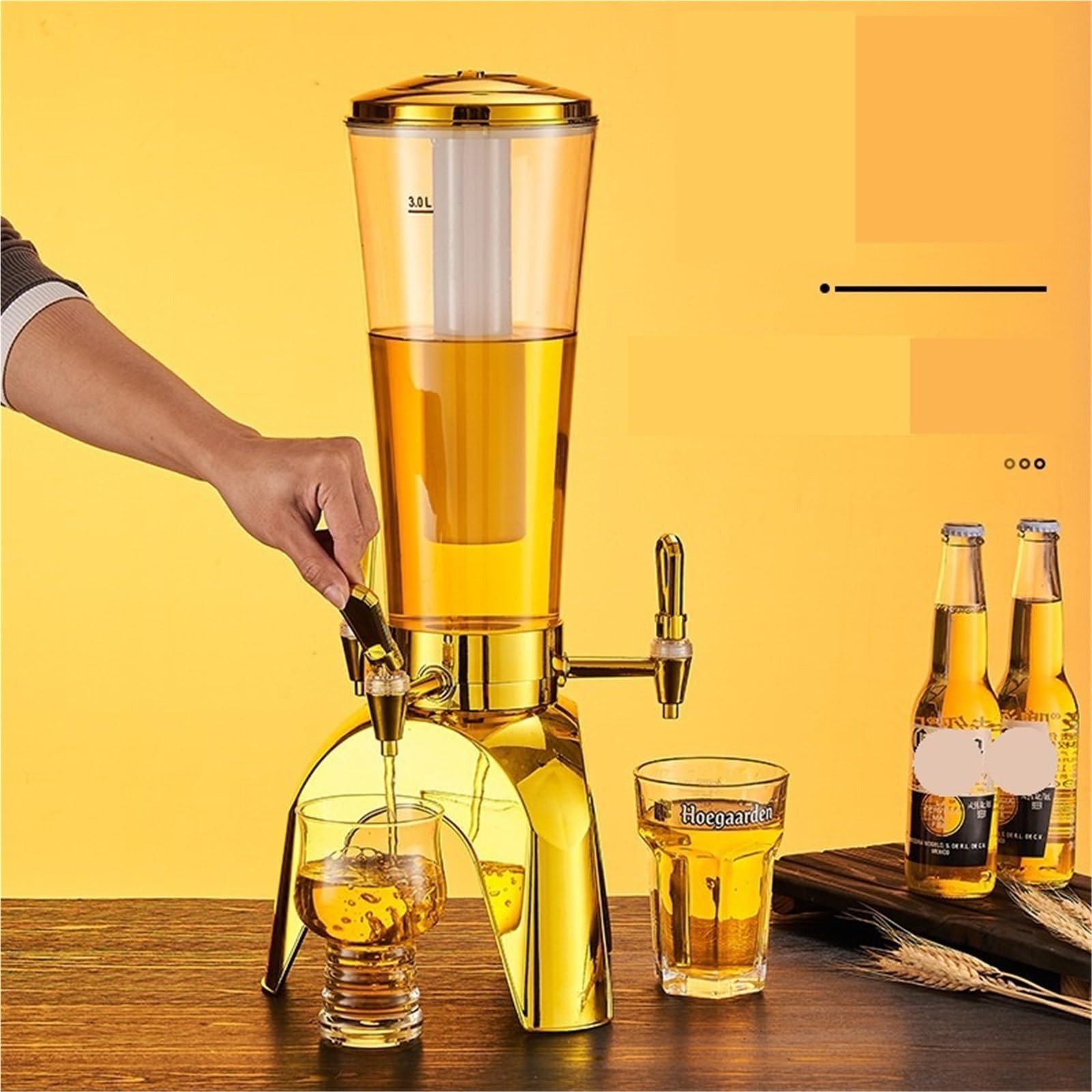 distributeurs de boissons Tour de bière 3L/100oz, distributeur de boissons avec Tube à glace et distributeur de boissons alcoolisées de table à trois robinets for fête verre(Champagne)
