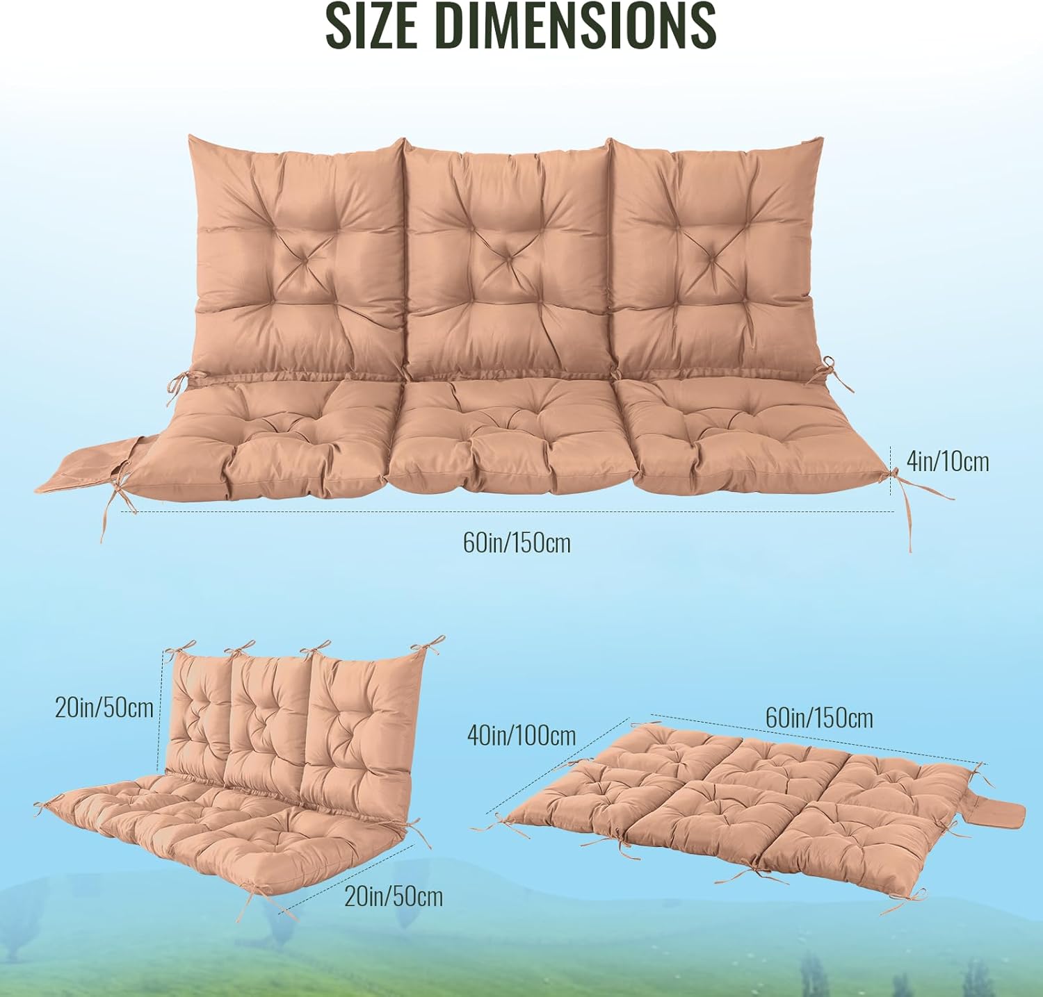 NACATIN 3 Seat Cushion for Outdoor Swing - 60x40 inches, 4" Thick Porch Swing Cushions with Ties and Storage Bag, Waterproof Bench Cushions for Patio, Outdoor, Backyard and Garden (Khaki)