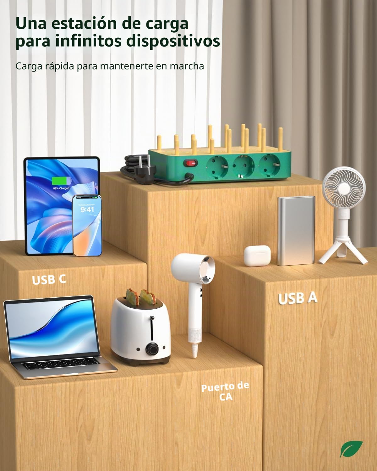 Estación de Carga USB-C de bambú para múltiples Dispositivos,60W, 6 Puertos con 3 Salidas de CA (3 USB C, 3 USBA),Cable de alimentación de 2 m para teléfono, lPad y Tableta(6 Cables incluidos),Verde