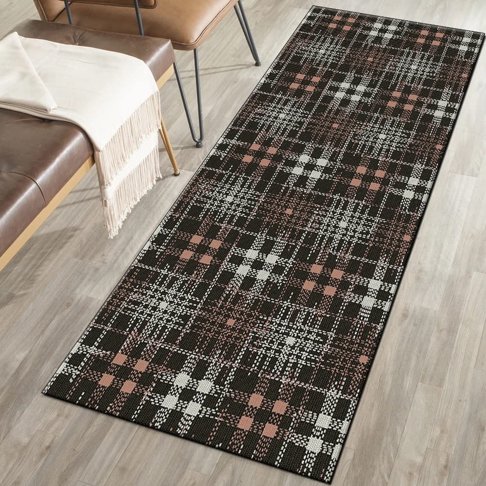 Przedpokój nowoczesne chodniki dywan 80 x 350 cm tartan czarny brązowy dywan mata antypoślizgowy zmywalny chodnik do kuchni sypialni korytarza schody drzwi z możliwością personalizacji