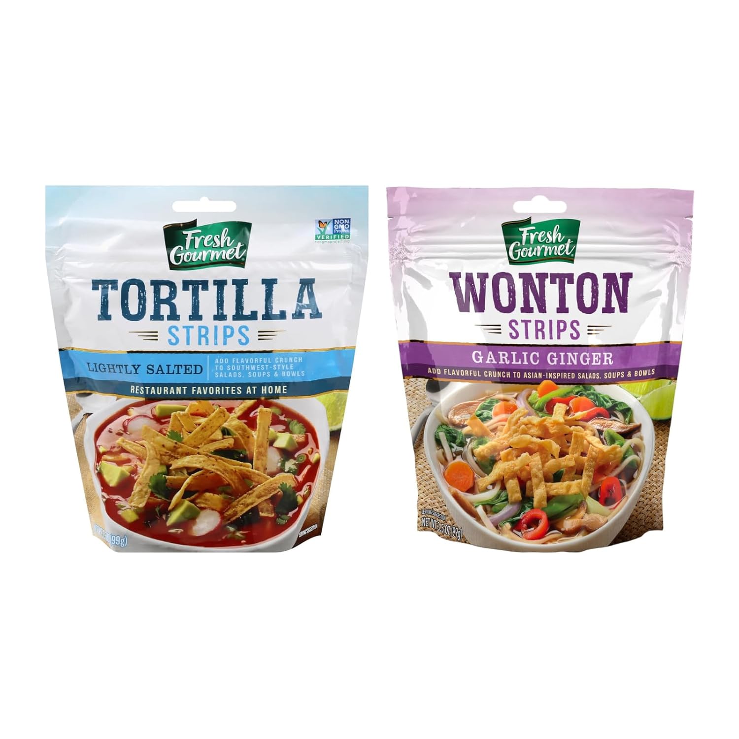 Fresh Gourmet Versatile Strips Variety Pack – Includes Lightly Salted Tortilla Strips & Garlic Ginger Wonton Strips, 3.5 Oz Each (2-Pack) – Ideal for Adding Crunch to Salads, Soups, Stir-Fries & More