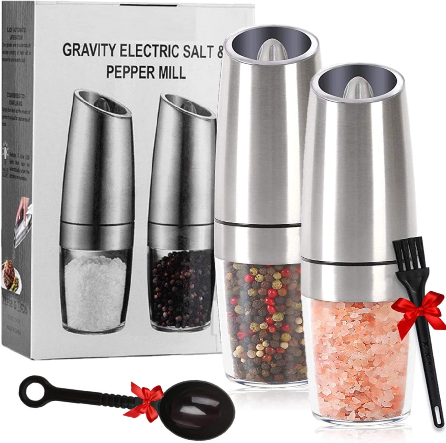 BANIC Gravity Electric Salt and Pepper Grinder Set, Automatic Salt and Pepper Mill, Battery-Operated with Adjustable Coarseness, Premium Stainless Steel with LED Light, One Hand Operated(Sliver 2pack)