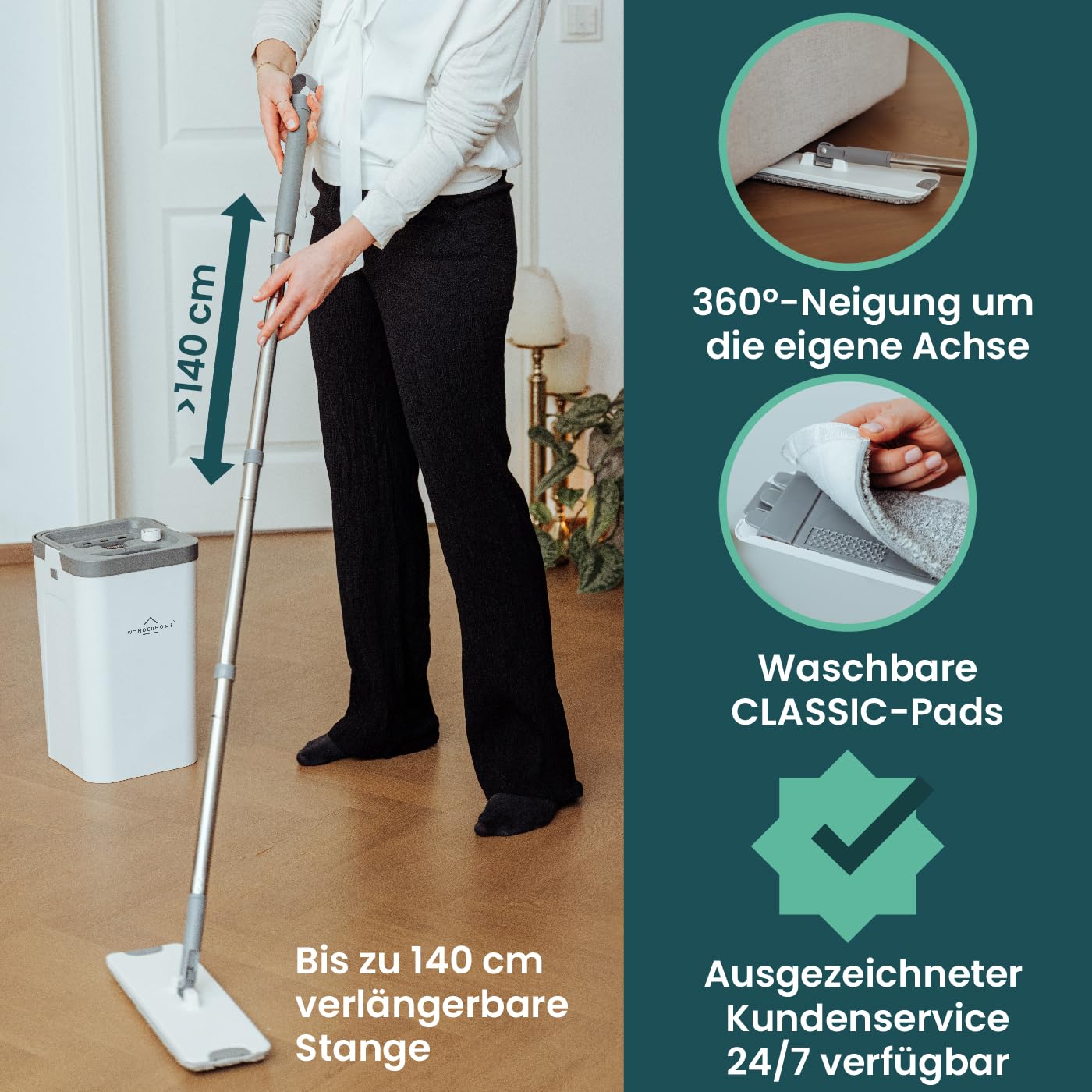 Bodenwischer Set mit Eimer - trennt Schmutz - von Frischwasser - innovatives 3 Kammer Wischmop Putzset + Auswringfunktion - Classic [Neu mit verlängerter 140cm Stange bestellen!]