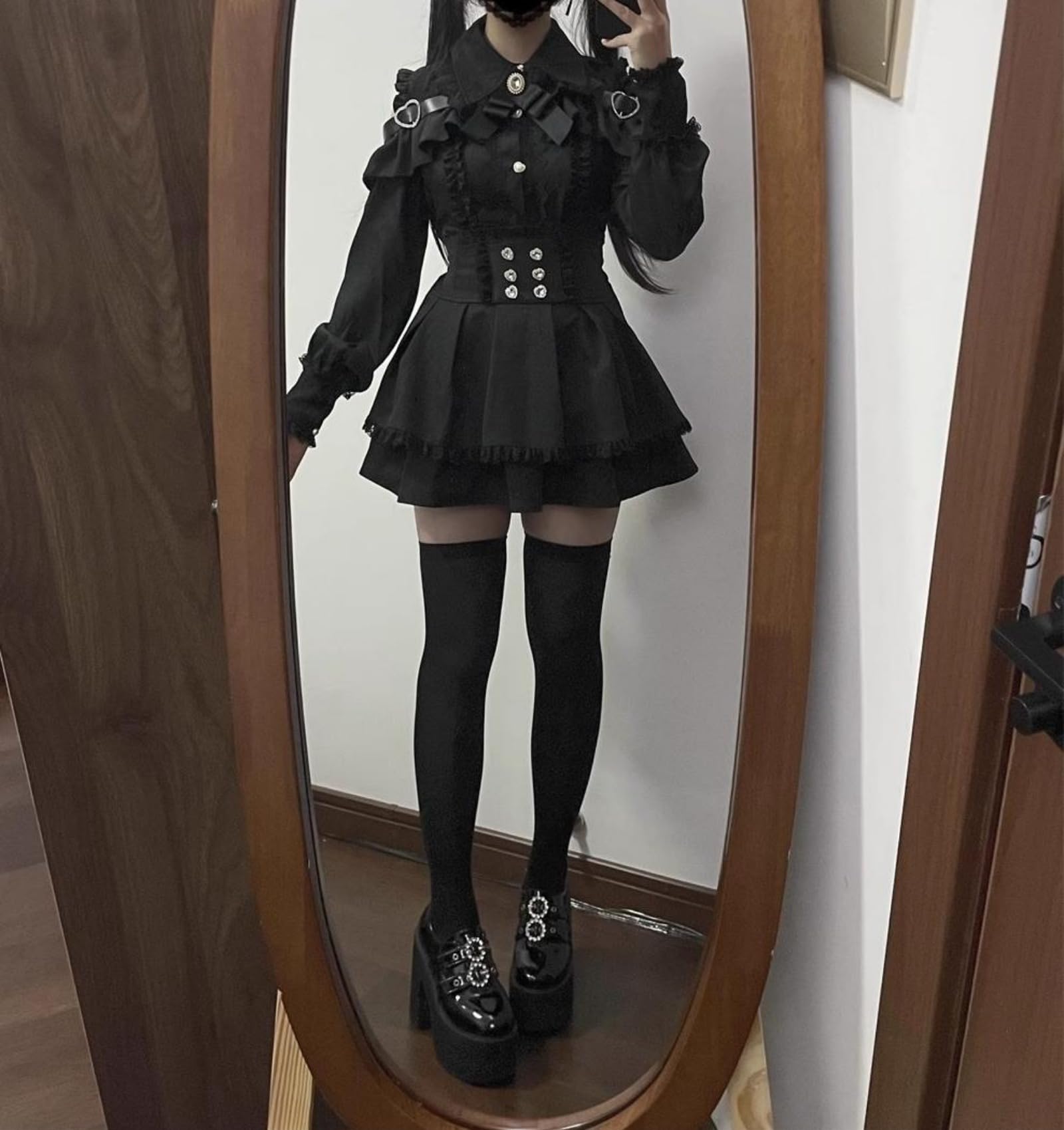 Wayolyn Lolita Shirts Jirai Kei Fashion Kawaii Clothing Goth Shirts Women Lace Mesh Sheer Long Sleeve Blouse: Black X-Large