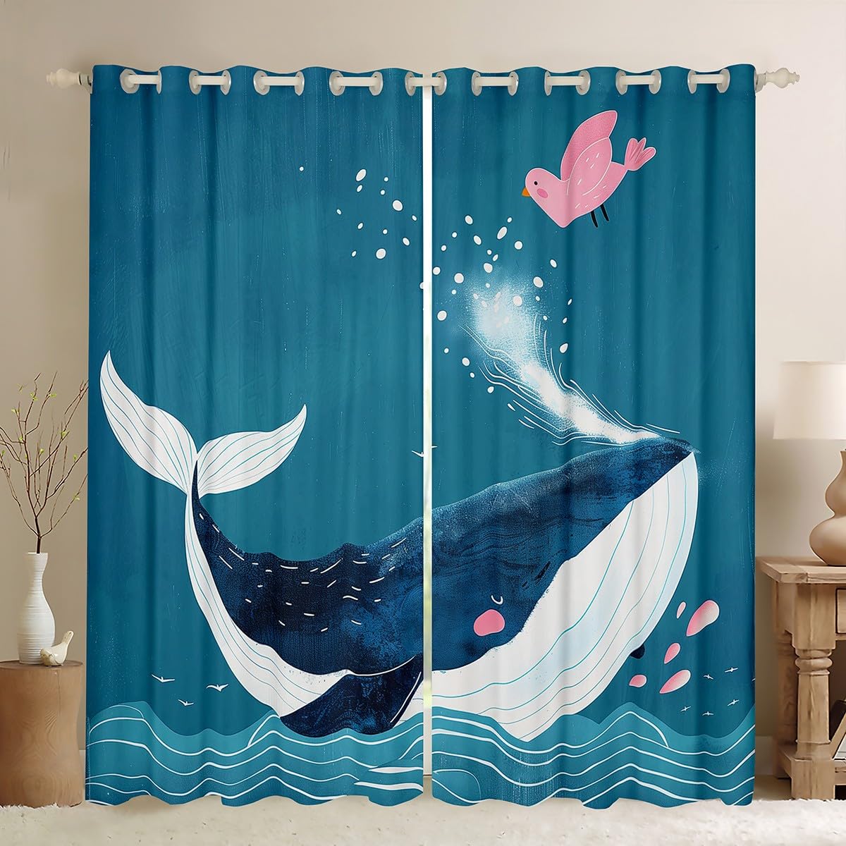 Erosebridal Blue Sea Whale Curtains for Boys Girls Kids,Cartoon Ocean Animal Toddler Curtains Blackout Nautical Bedroom Decor,Ocean Waves Curtains Coastal Beach Window Curtains 2 Panels 52