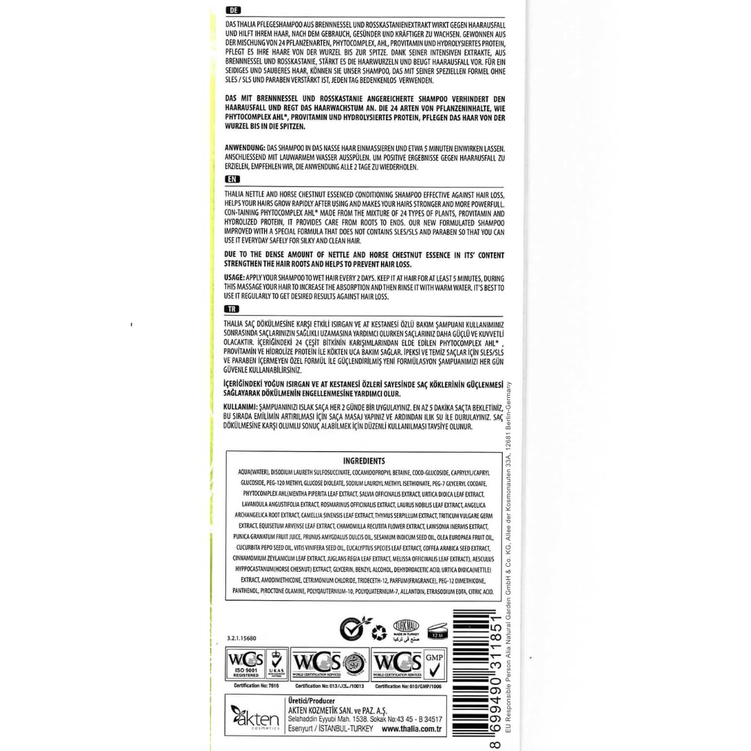 2L Thalia Brennnessel & Rosskastanien Shampoo 2x 1000 ml (2000 ml), unterstützt den Haarwachstum, gegen gespaltenes Haar(Spliss), Antischuppen, ohne Silikon, VEGAN beruhigend Haarpflege 100% natürlich