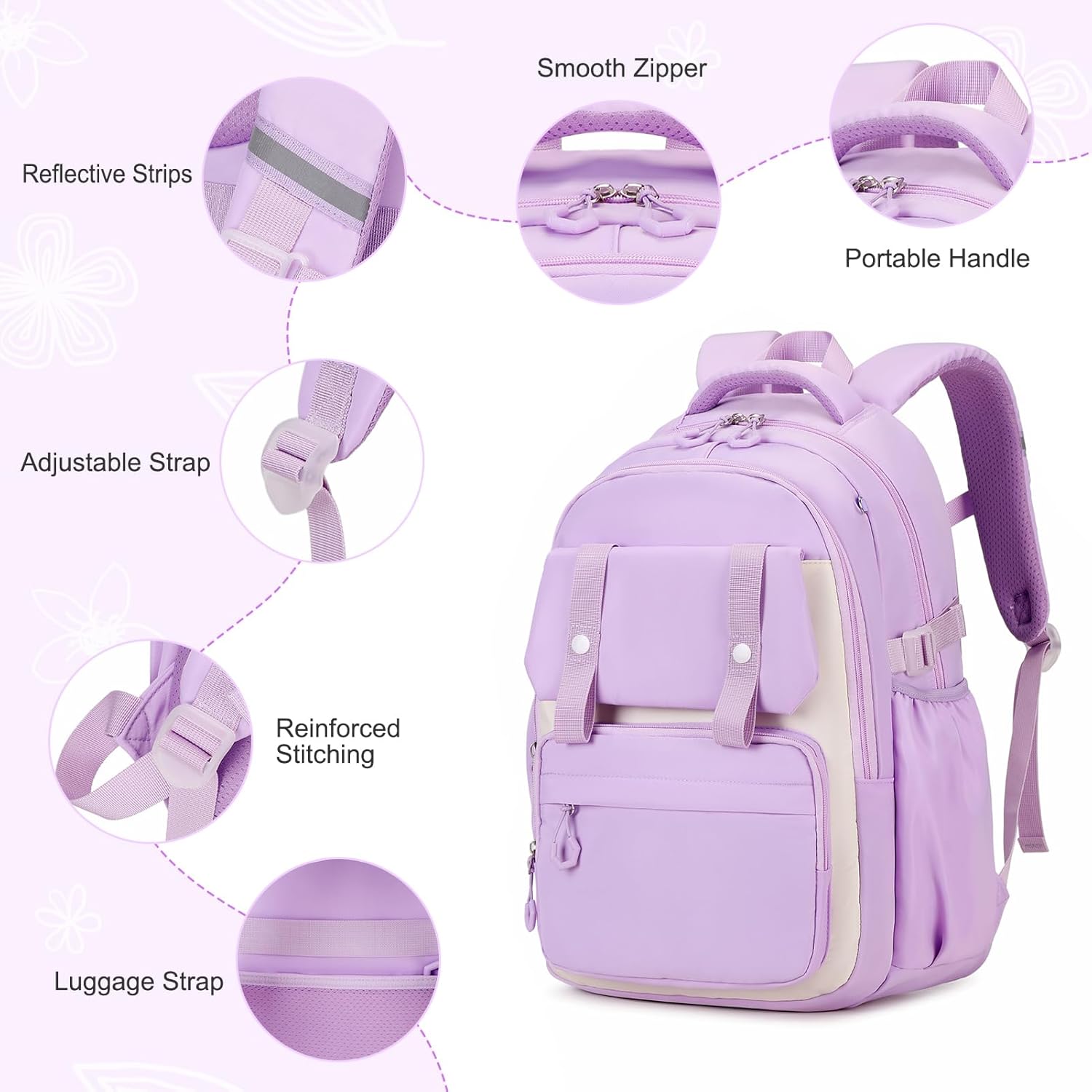 3PCS Girls Backpack for School, Kids School Backpack for Girls with Lunch Bag Pencil Case, Kids School Bookbag Teen Girls Backpacks for Elementary Middle High College School (Purple) - Image 4