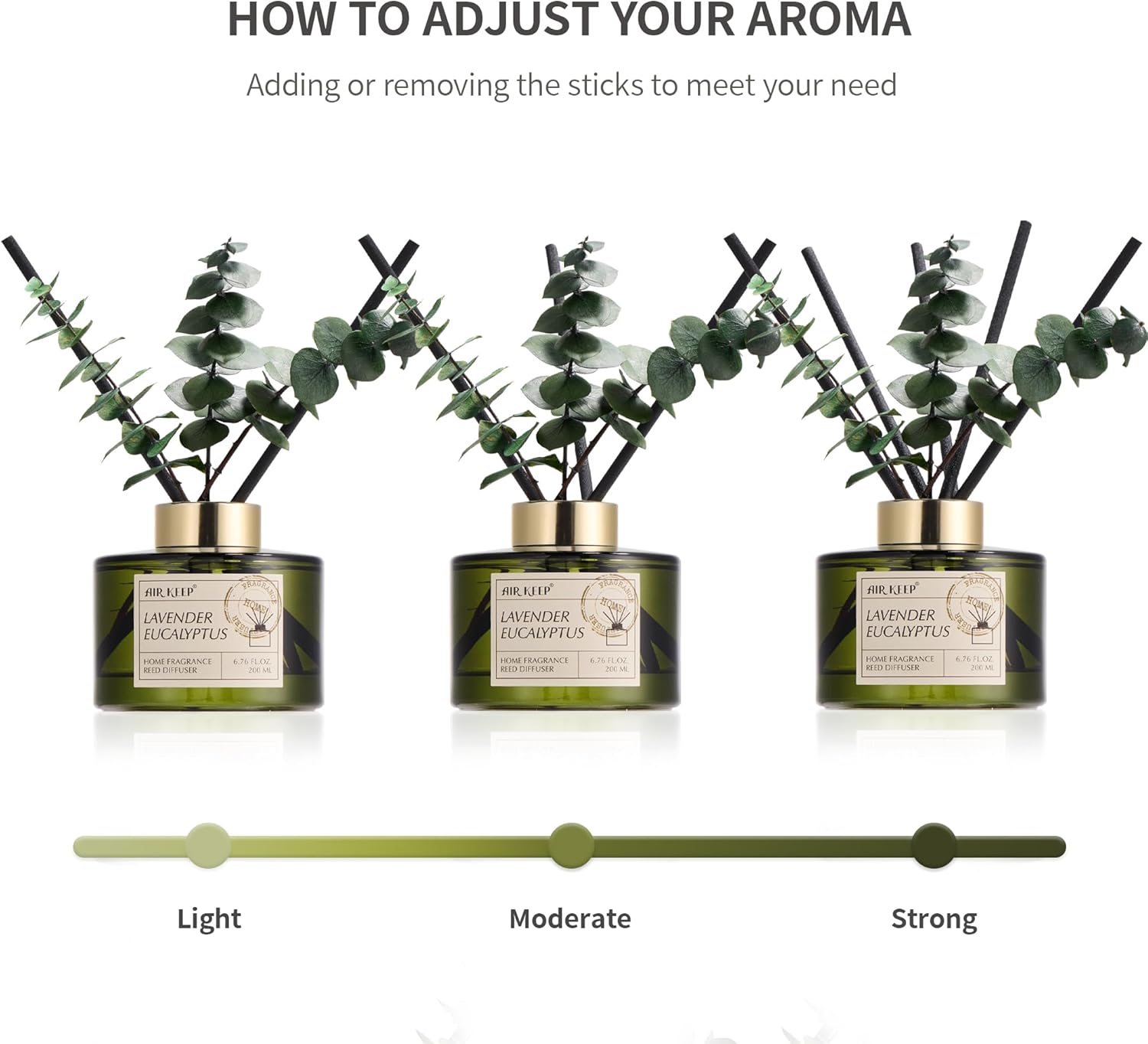 Airkeep Reed Diffuser Set with 6.76 fl oz Lavender Eucalyptus Scent Essential Oils and 3 Leaves & 8 Diffuser Sticks,Bathroom Shelf Decor & Air Freshener, House Bedroom Office Decor & Gifts - Image 3