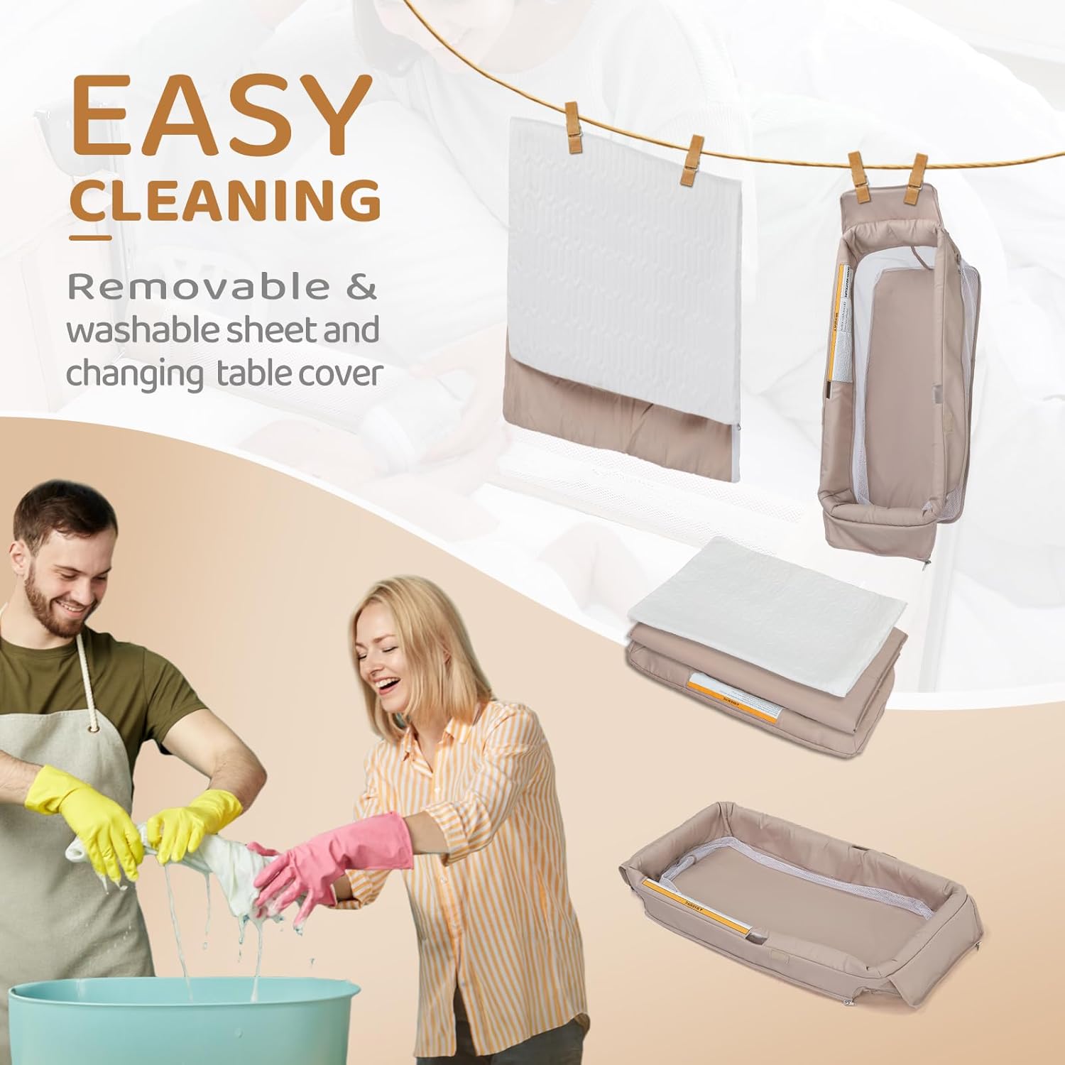 Images showing removable and washable sheet and bassinet fabric for easy cleaning