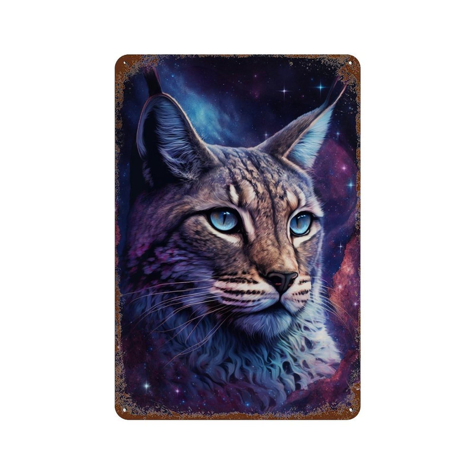 Decorative Tin Sign with Cosmic Lynx Portrait Print-2 Design 11.8"x7.9", for Farmhouse, Kitchen And Entryway Decor, Decorative Metal Wall Art