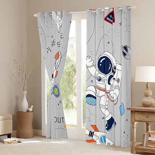 Miniatura 3 de Feelyou Cortinas de astronauta para niños, con estampado de cohetes espaciales, para niños y niñas, galaxia, cosmonauta, espacial, tratamiento,