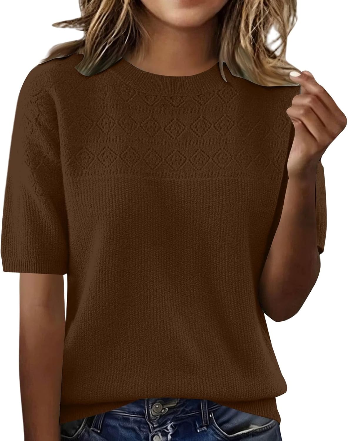 Womens Short Sleeve Sweaters 2026 Trendy Casual Lightweight Crew Neck Knit Tops Spring Summer Work Blouses Clothes