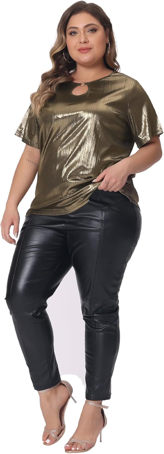 Agnes Orinda Plus Size Metallic Top for Women Keyhole Round Neck Short Sleeve t Shirt Party Blouses Tee Top