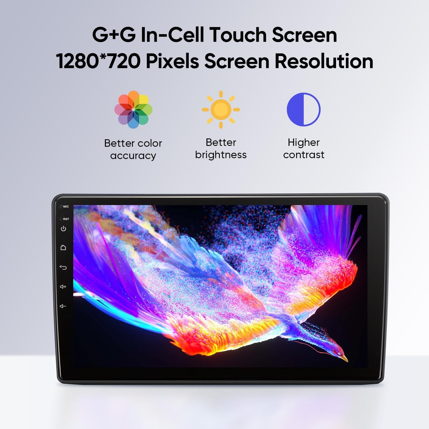 Close-up of the 10-inch G+G In-Cell Touch Screen displaying vibrant colors, highlighting better color accuracy, brightness, and contrast.