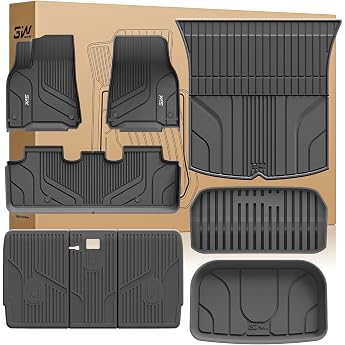 3W For Tesla Model Y 2020-2024 Floor Mats and Boot Liner 9-Piece TPE All-Weather Floor Mat 2 Rows and Boot Mat Set Car Floor Mats Accessories Black Non-Slip Mats