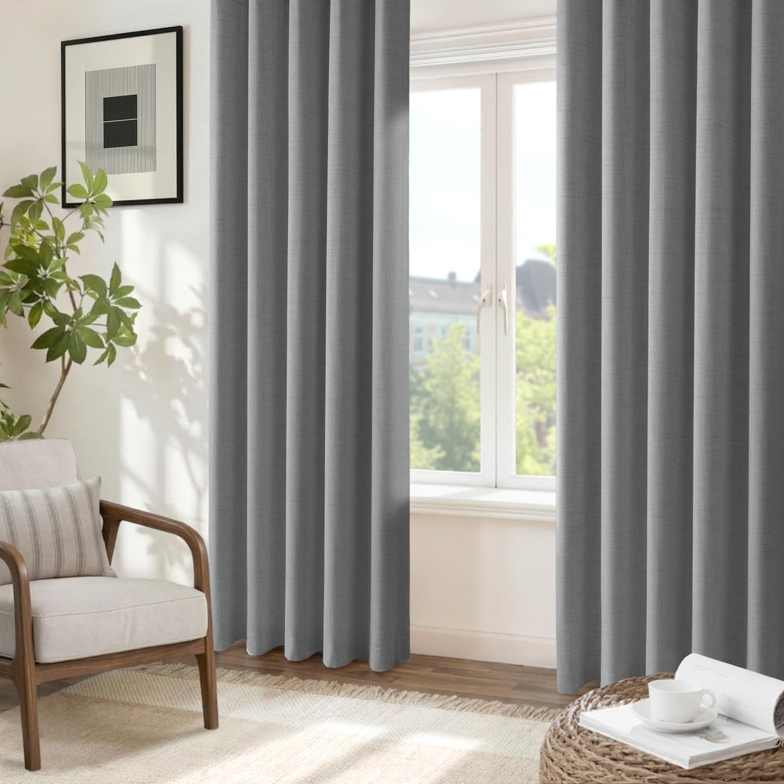 INOVADAY 100% Verdunklungsvorhänge 2 Stück Grau, H245xB140 cm | Gardinen mit Ösen Wohnzimmer, Vorhang Blickdicht Leinenoptik, Thermovorhang für Schlafzimmer, Geräuschreduzierend, OEKO