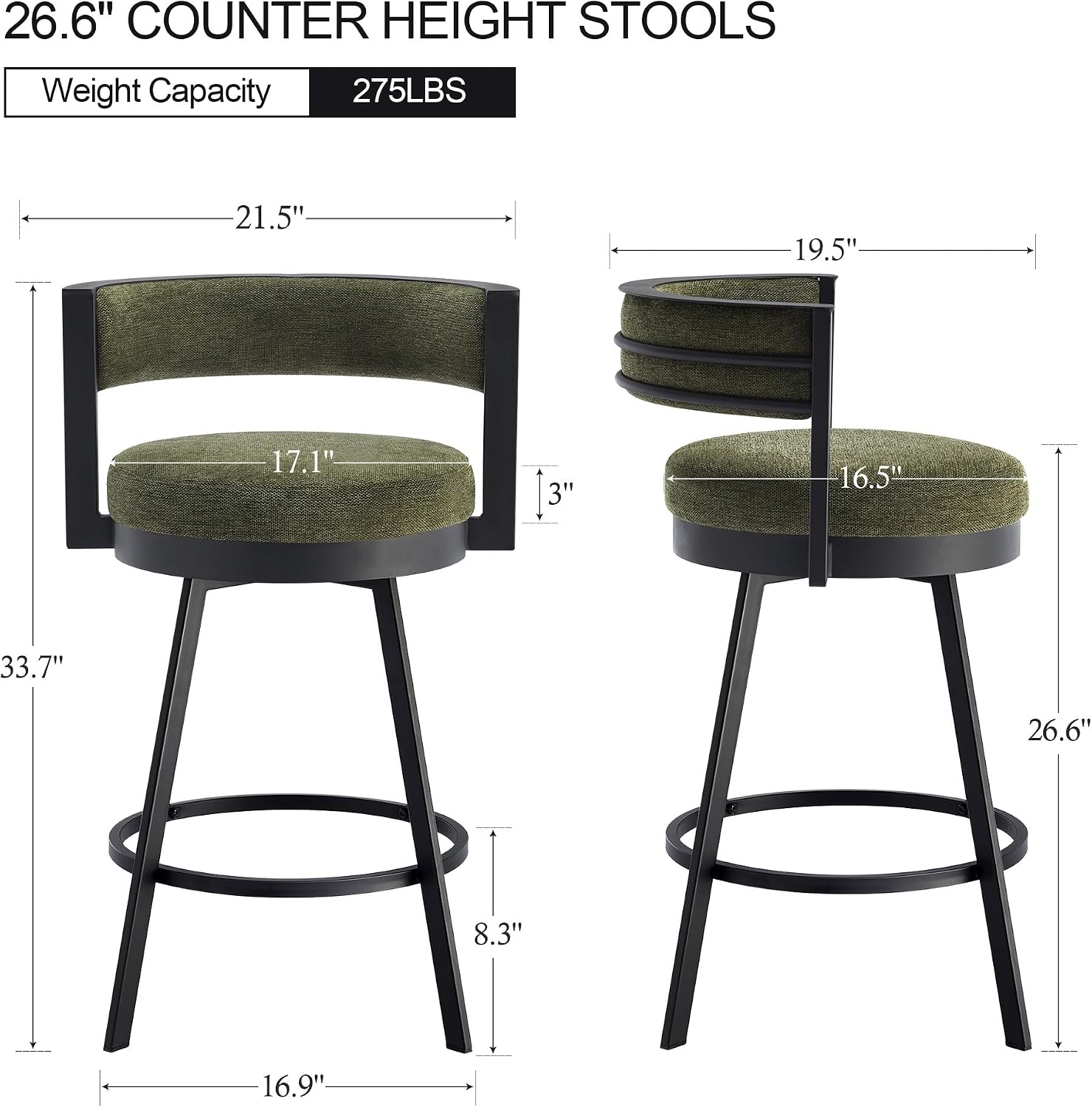 ONEVOG Swivel Counter Bar Stools Set of 4, 26.6 inch Seat Height Modern Barstools with Back and Metal Legs, Upholstered Funky Kitchen Island Chairs for 36"-40" Counters, Linen Fabric Padded, Green