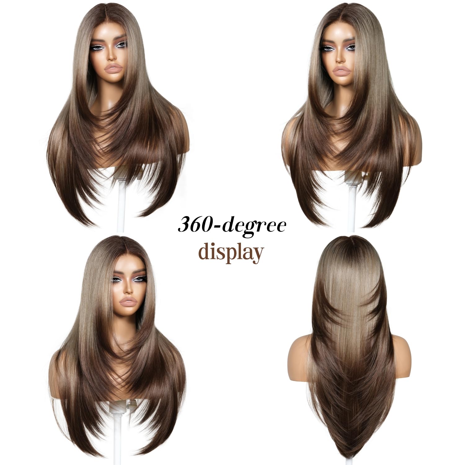 ENCOUNTERU Dirty Blonde Glueless Wig with Bangs Wear and Go Synthetic Lace Front Ombre Wigs for Women Pre Plucked Pre Cut Layered Wig Middle Part 26 Inch Melanin Siamese Cat