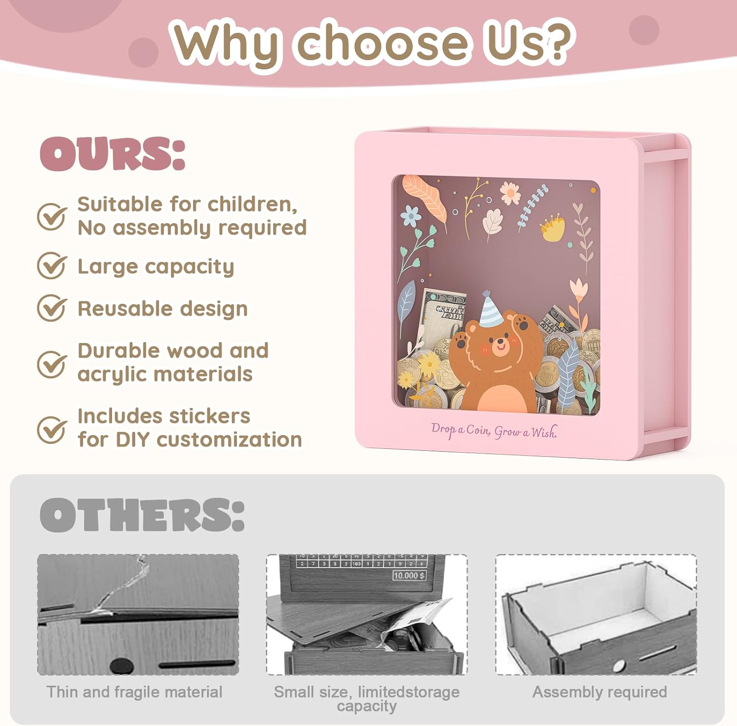 Summidate Wooden Piggy Bank for Kids Girls, Money Savings Bank with Clear Removable Windows and DIY Stickers, Kids Visual Cash Vault Box for Teens, Birthday