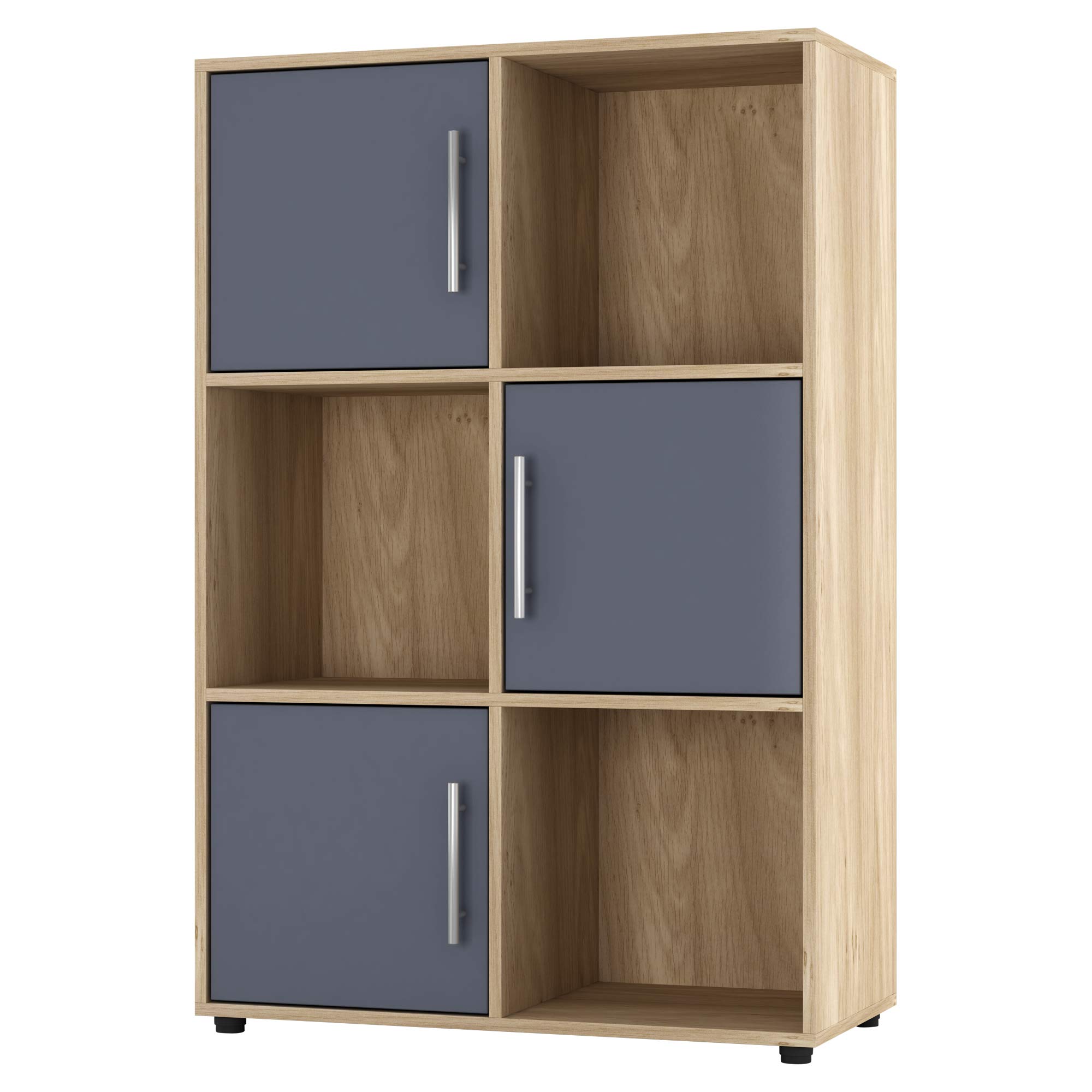 Bibliothèque Cube En Chêne Avec Portes Noires – 4 Cubes – Dimensions 119 X 30 X 29 Cm – Rangement Salon, Chambre, Bureau – Montage Facile