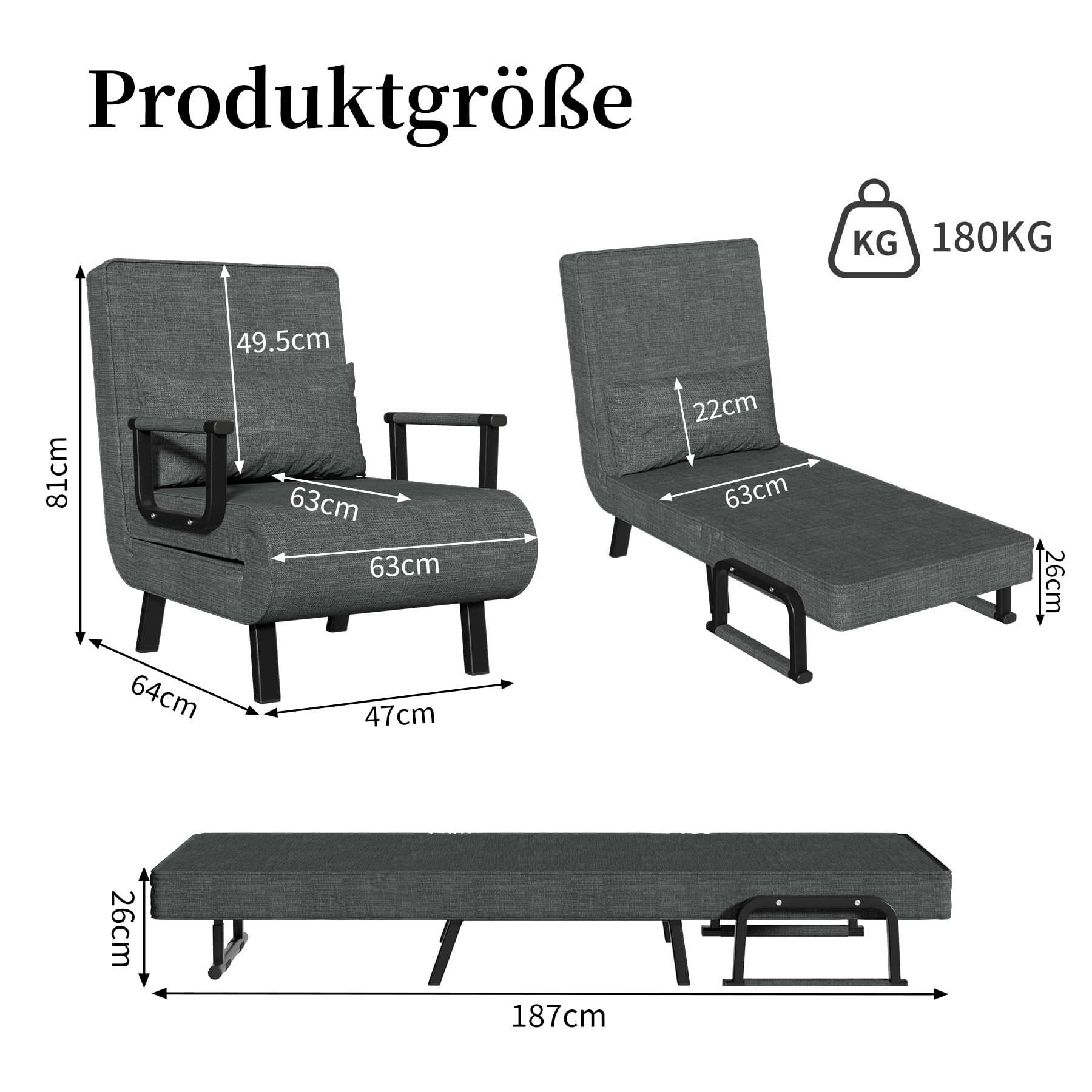 Schlafsessel 3 in 1 Schlafsofa mit Bettfunktion Schlafsofa Gästebettfür Verstellbarer Rückenlehne Metallrahmen Leinen für Wohnzimmer Kleine Räume Schlafzimmer Balkon (Grey, 1)