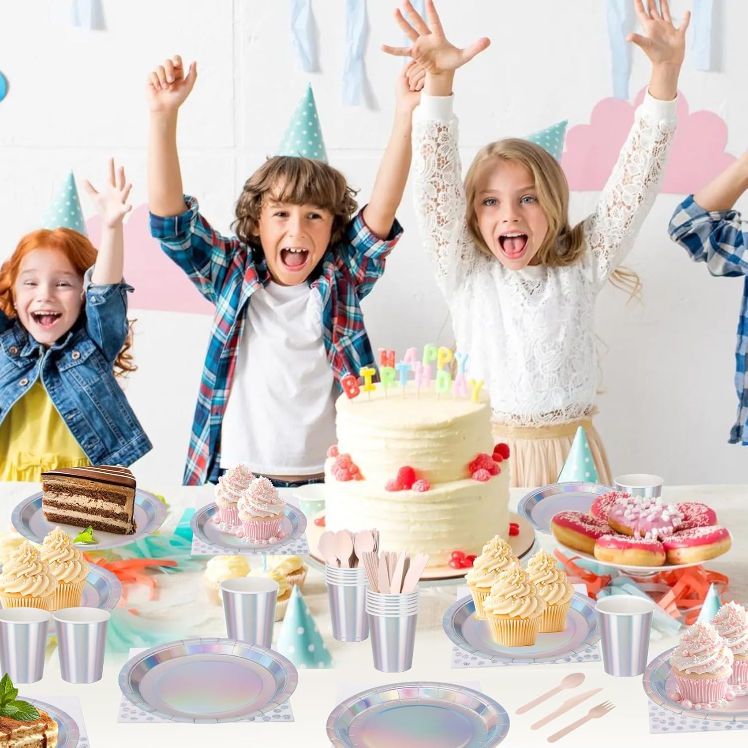 200PCS Iridescent Party Decorations Supplies, Paper Plates and Napkins Set, Iridescent Party Tableware Set for Mermaid Unicorn Birthday Wedding Party, Serve for 25 (Iridescent Set) - Image 6